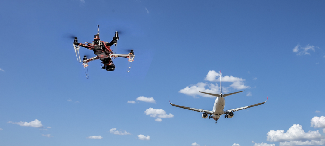 Future-tech drone flying near an airport