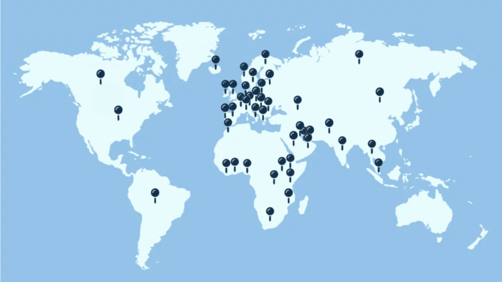 world map with pinned locations