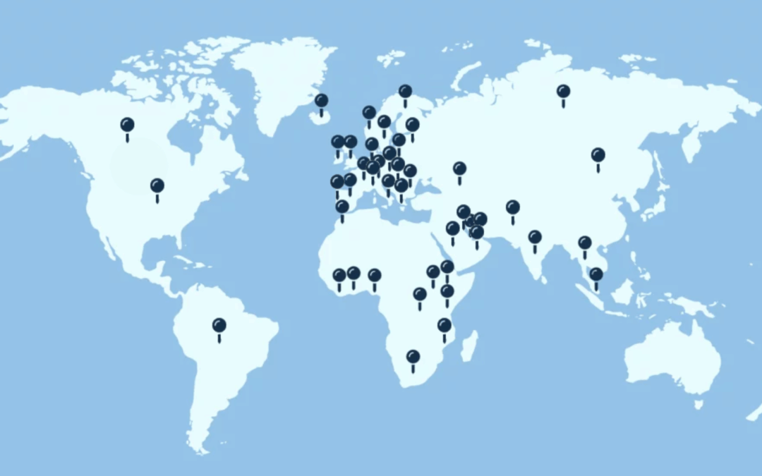world map with pinned locations